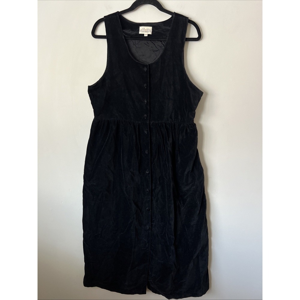 Vintage Susan Bristol Black Velvet Button Front Midi Jumper Dress Womens Size 12